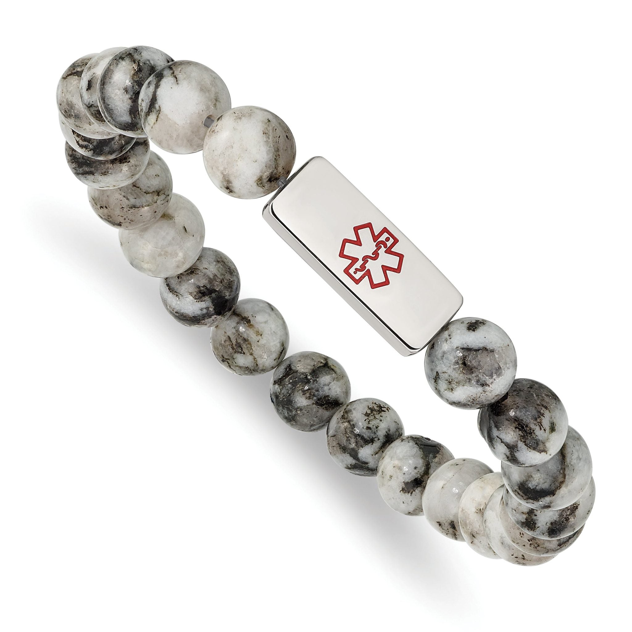 Stainless Steel Polished with Red Enamel Medical ID 8.5mm Lotus Jasper Beaded Stretch Bracelet