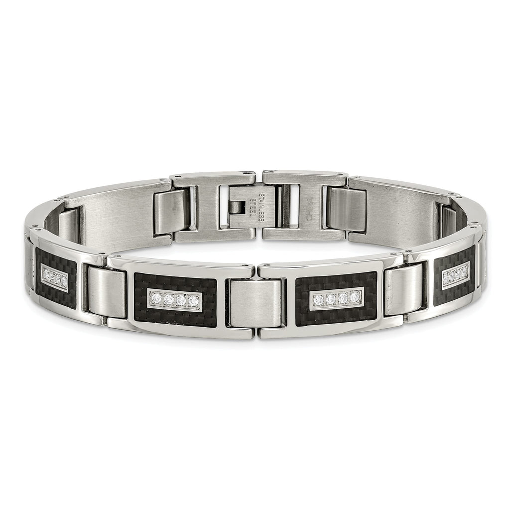 Stainless Steel Brushed and Polished with Cubic Zirconia and Black Carbon Fiber Inlay Link Bracelet for Men