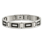 Stainless Steel Brushed and Polished with Cubic Zirconia and Black Carbon Fiber Inlay Link Bracelet for Men