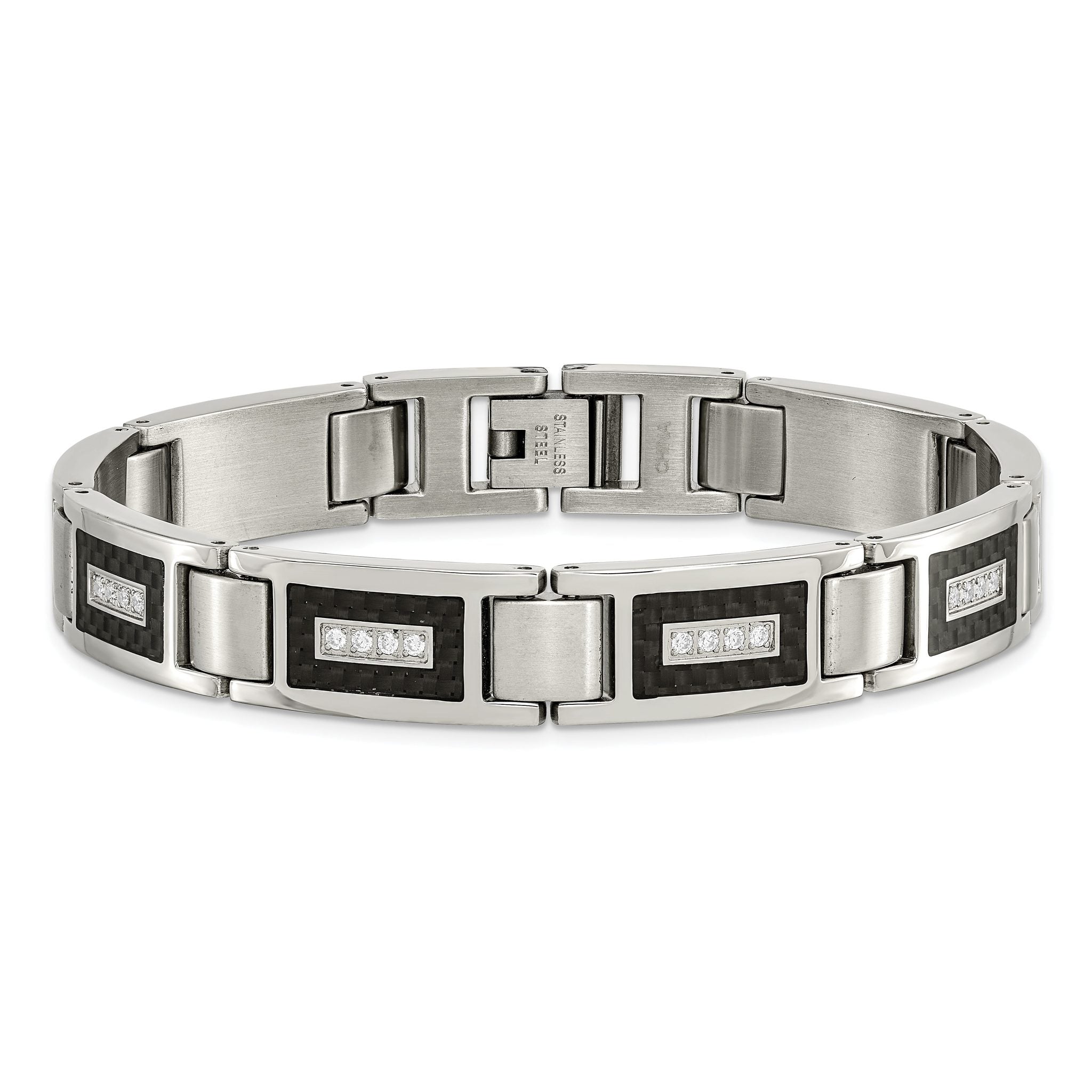 Stainless Steel Brushed and Polished with Cubic Zirconia and Black Carbon Fiber Inlay Link Bracelet for Men