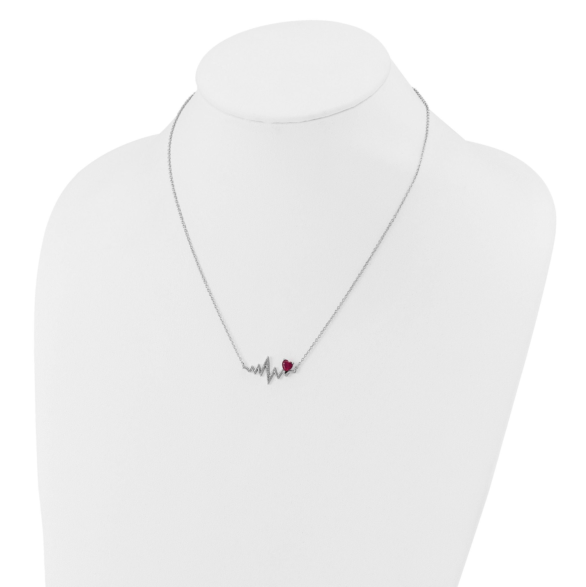Cheryl M Sterling Silver Rhodium-plated Polished Lab Created Ruby and CZ Heartbeat Necklace