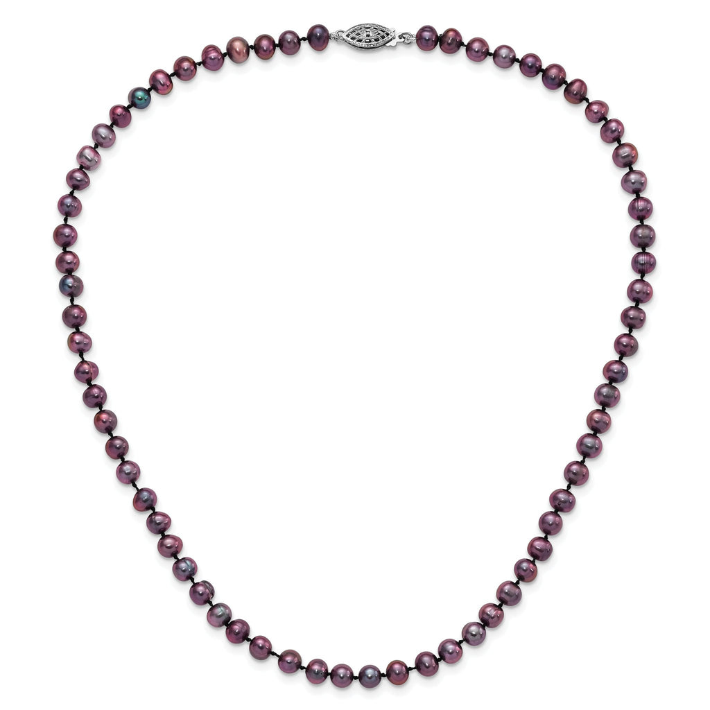 Sterling Silver Rhodium-plated 5-6mm Black Near-Round Freshwater Cultured Pearl 16 inch Necklace
