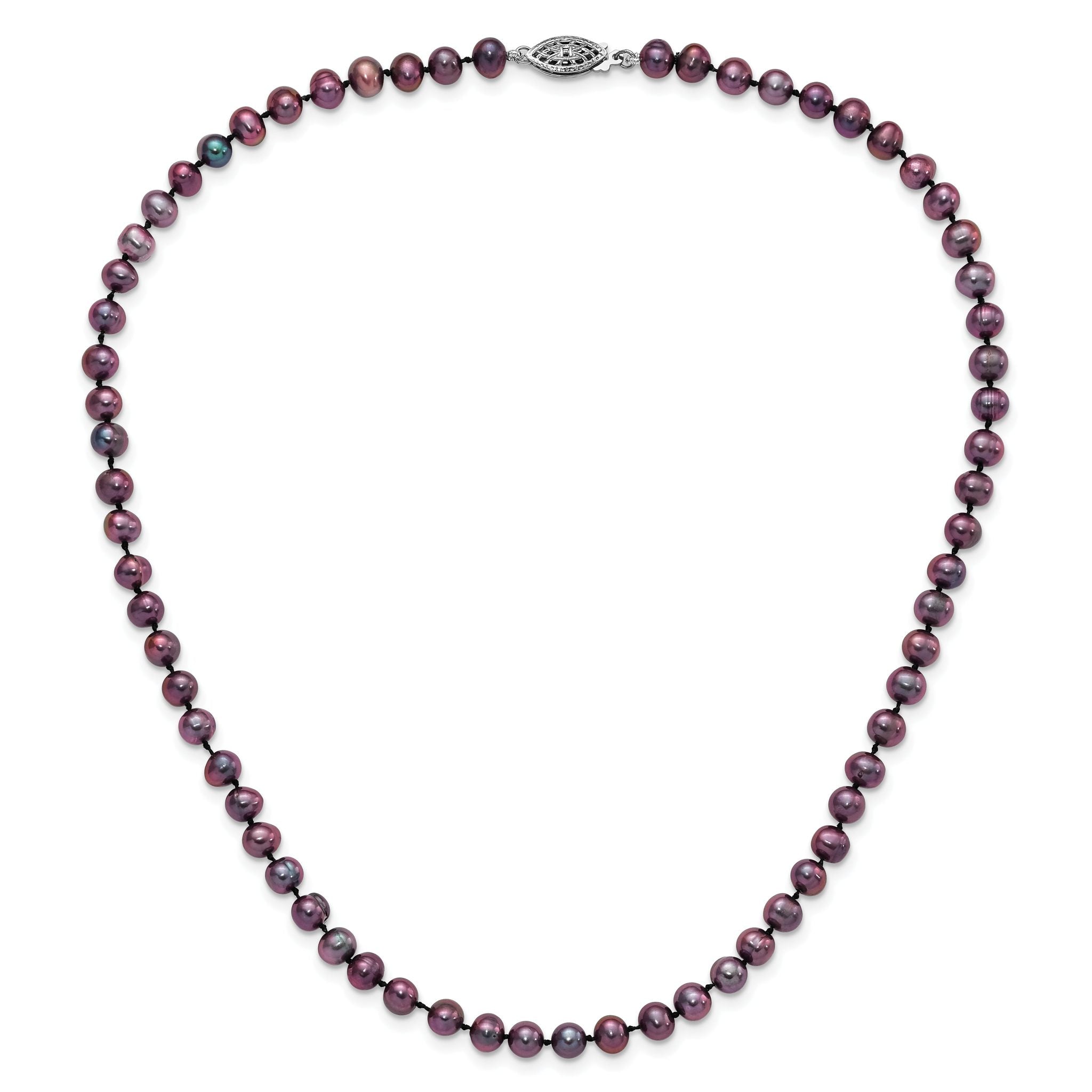 Sterling Silver Rhodium-plated 5-6mm Black Near-Round Freshwater Cultured Pearl 16 inch Necklace