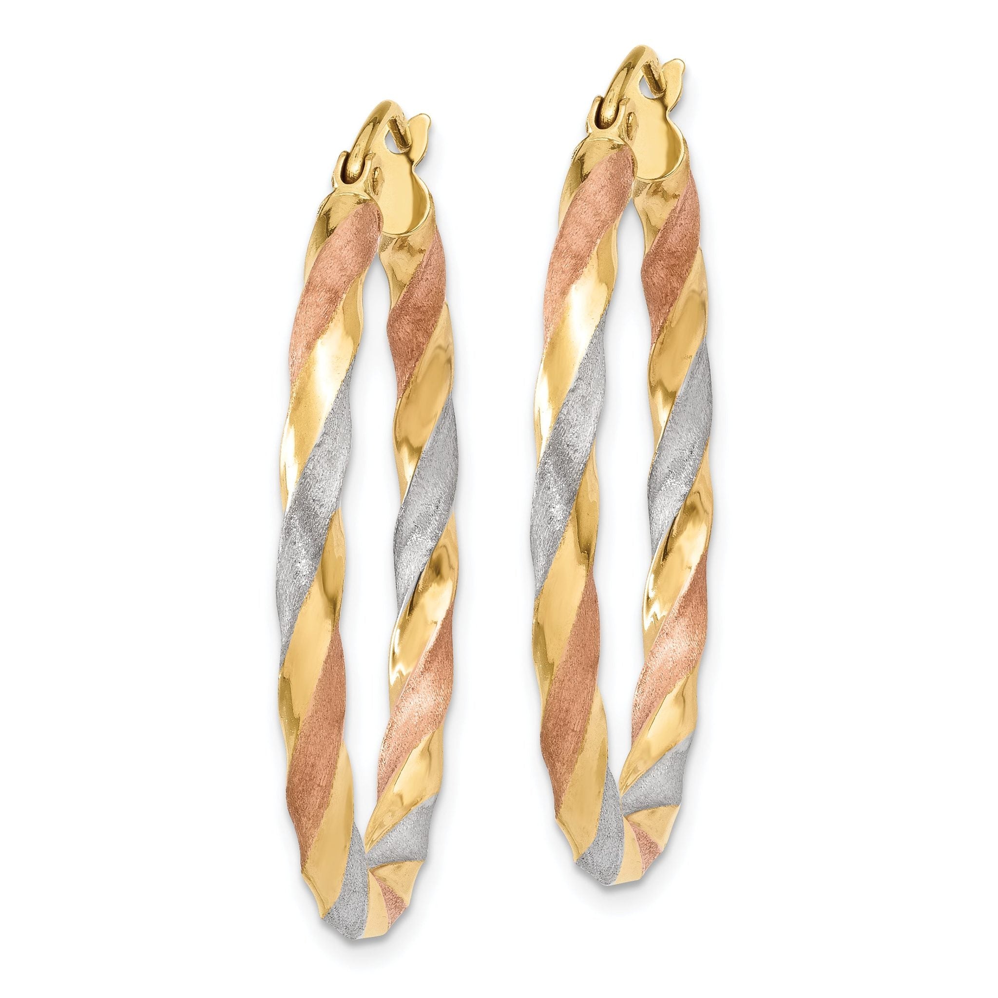14k White & Rose Rhodium Satin Twisted Hoop Earrings Secondary image