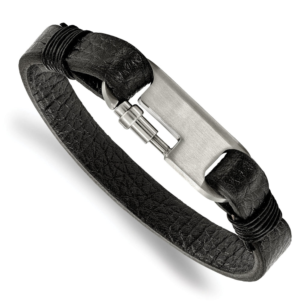 Stainless Steel Brushed Black Leather Bracelet for Men