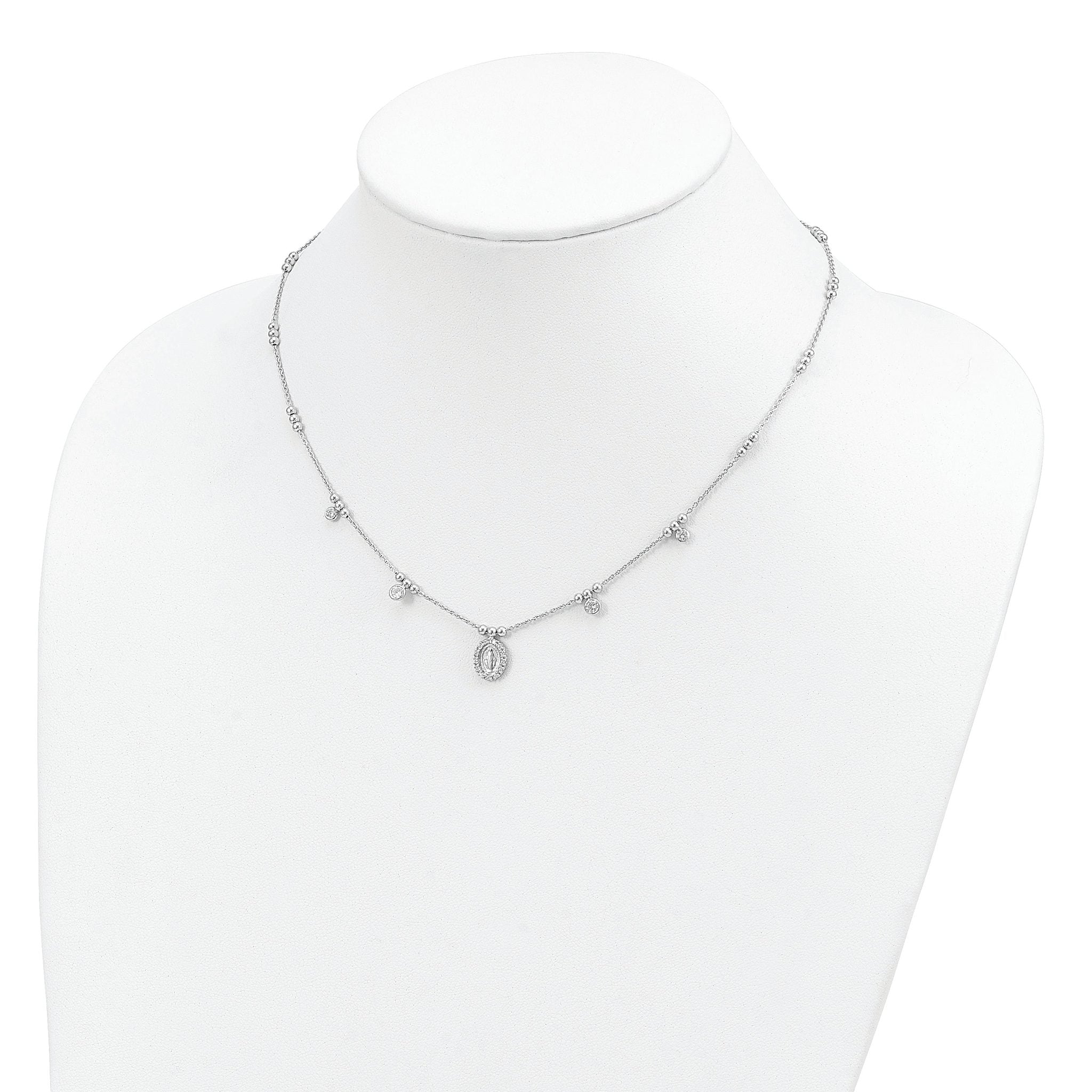 Sterling Silver RH-plated CZ Miraculous Medal With 1.5in ext. Necklace Secondary image