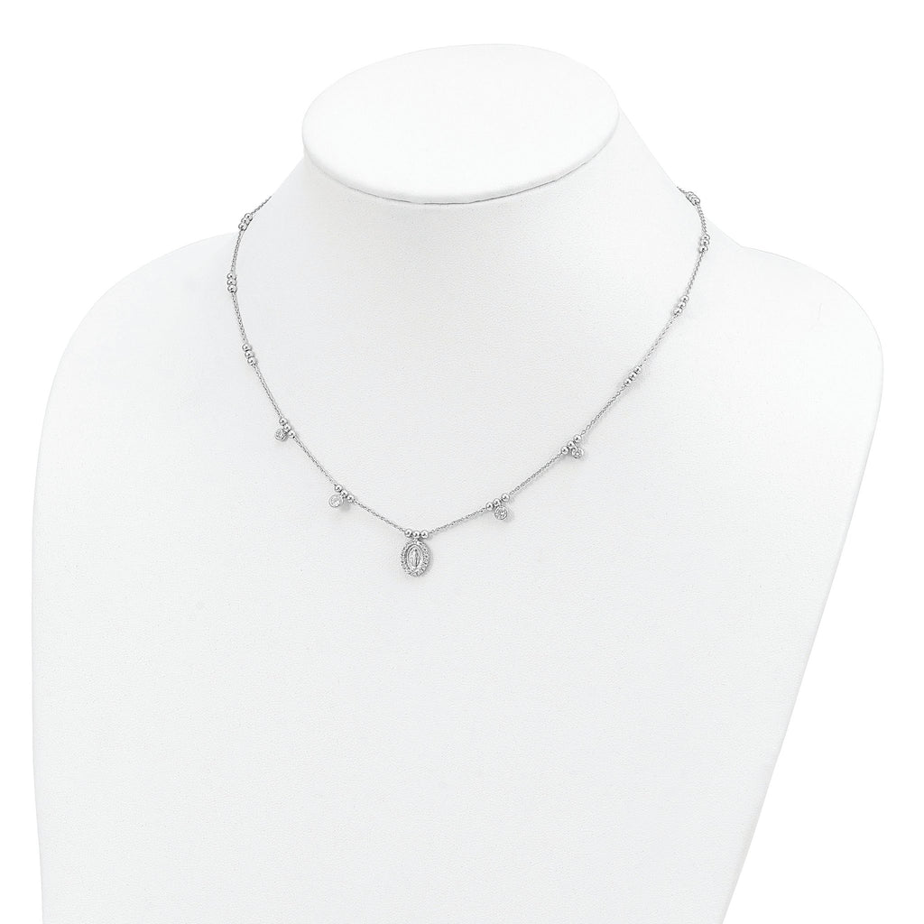 Sterling Silver RH-plated CZ Miraculous Medal With 1.5in ext. Necklace