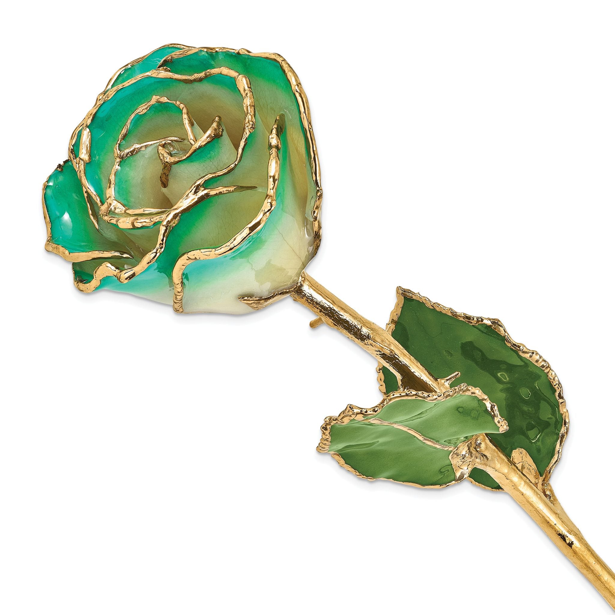 Lacquer Dipped Gold Trimmed White/Turquoise Green Real Rose Main image