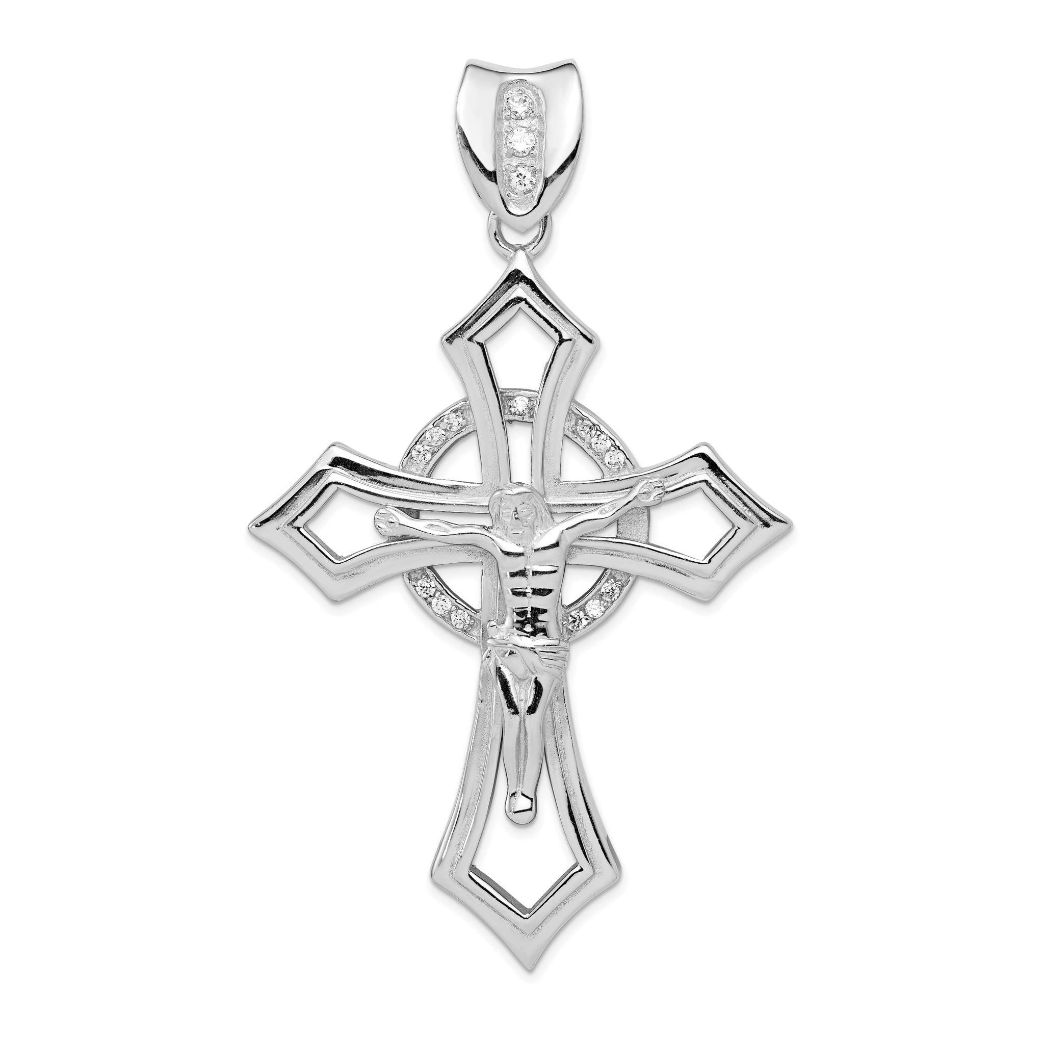 Sterling Silver Rhodium-Plated CZ Crucifix Pendant with Polished Finish Main image