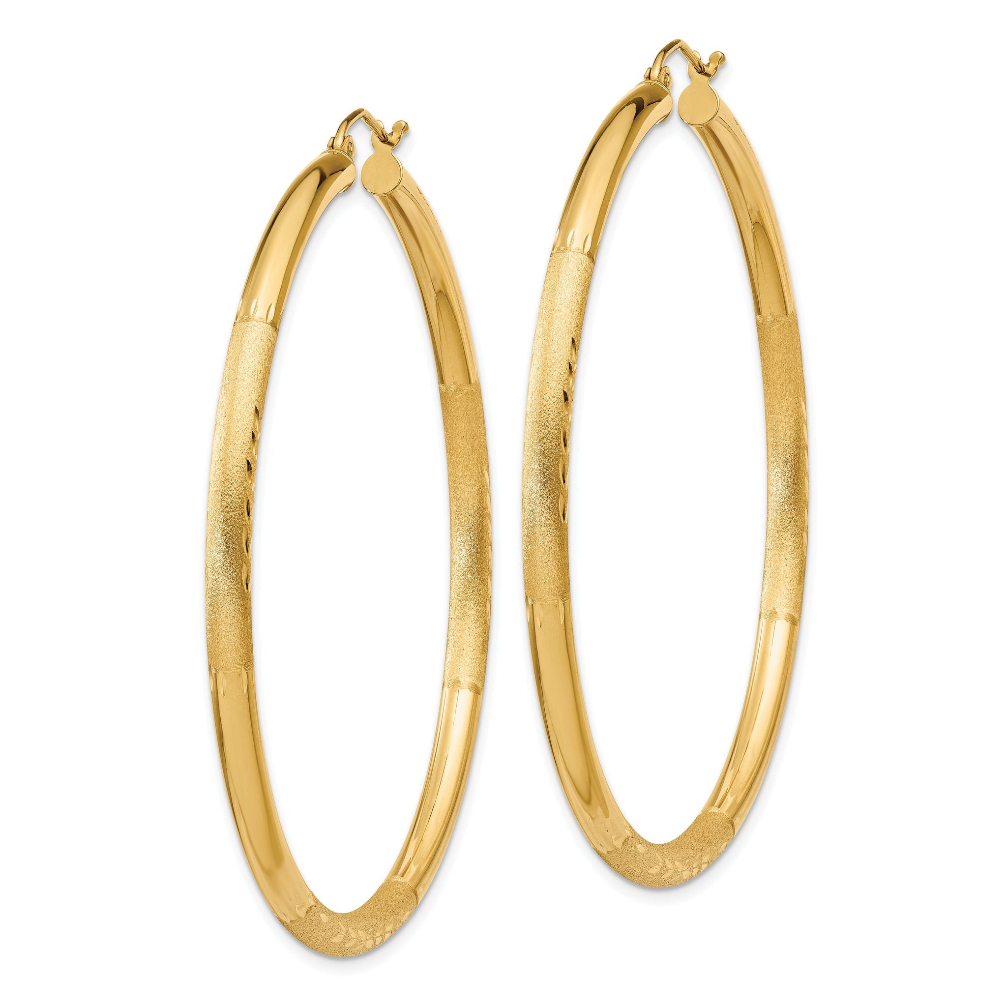 14k Satin and Diamond-cut 3mm Round Hoop Earrings Secondary image