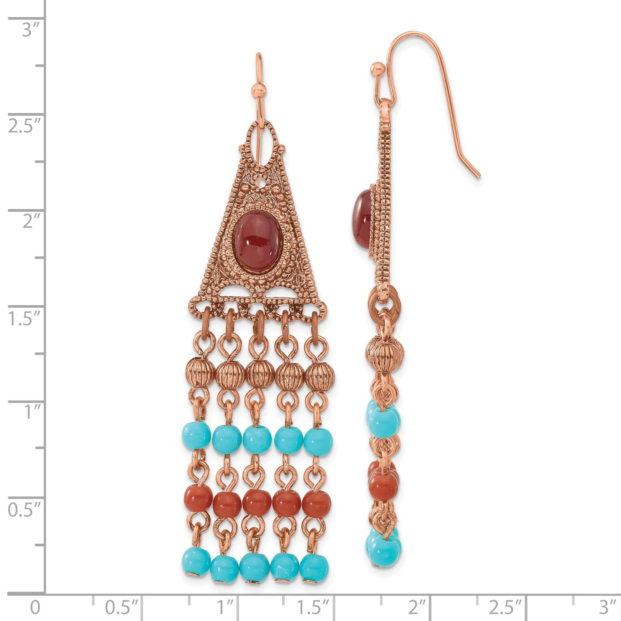 Aqua & Brown Beaded Dangle Earrings in Copper-Tone