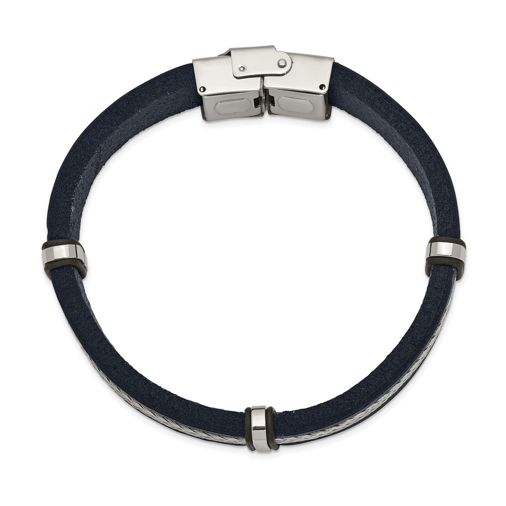 Stainless Steel Polished Blue Leather and Wire Bracelet for Men