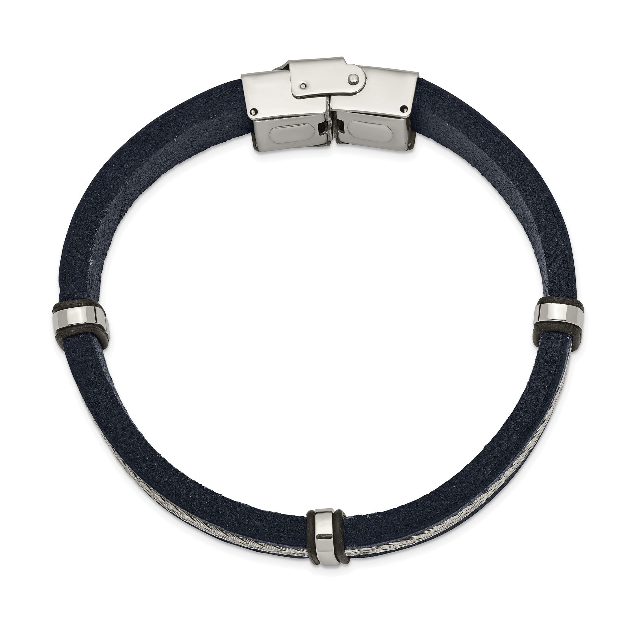 Stainless Steel Polished Blue Leather and Wire Bracelet for Men