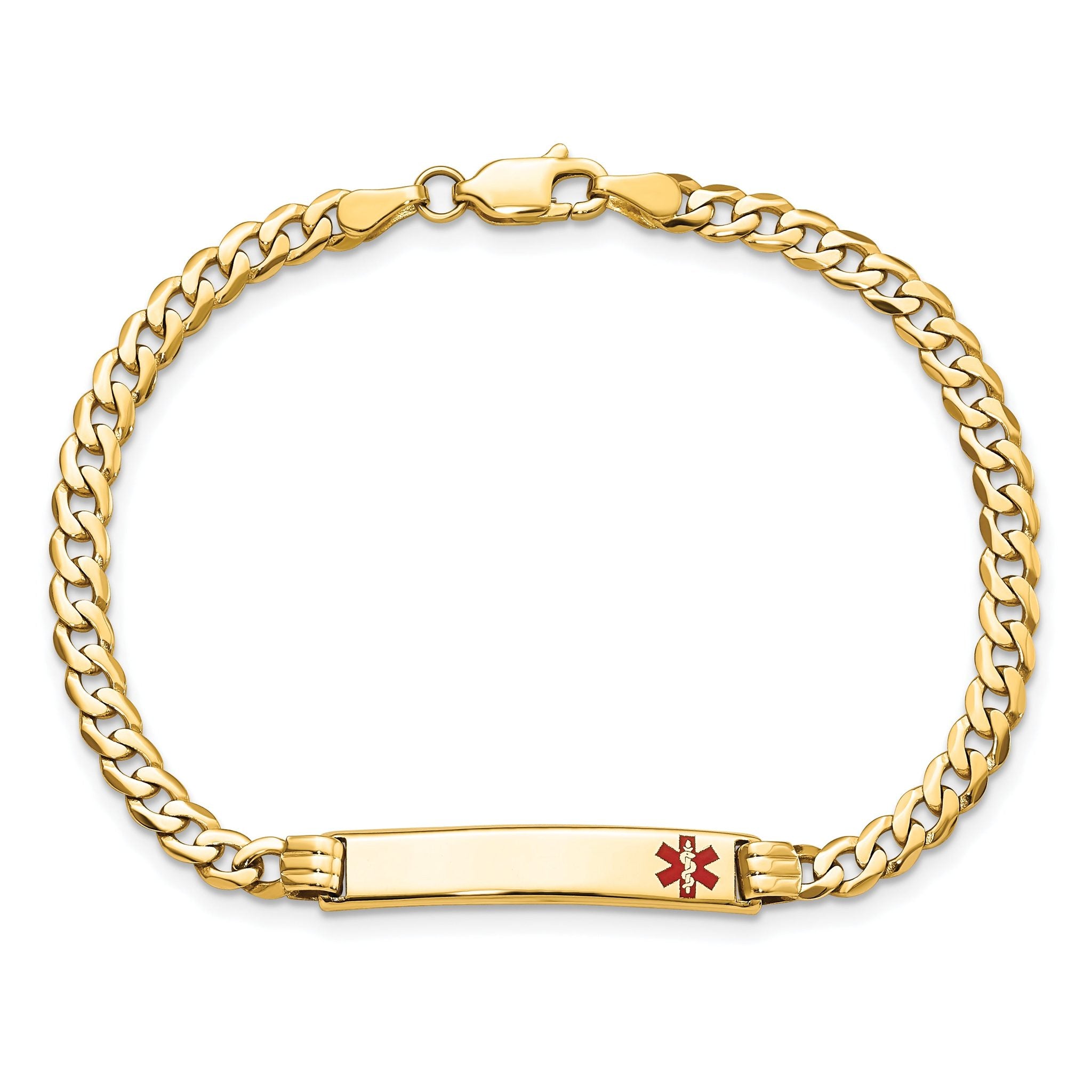 14K Medical Solid Chain/Solid Plate 26x5mm Off-Center Red Enamel Curb Link 7 inch ID Bracelet