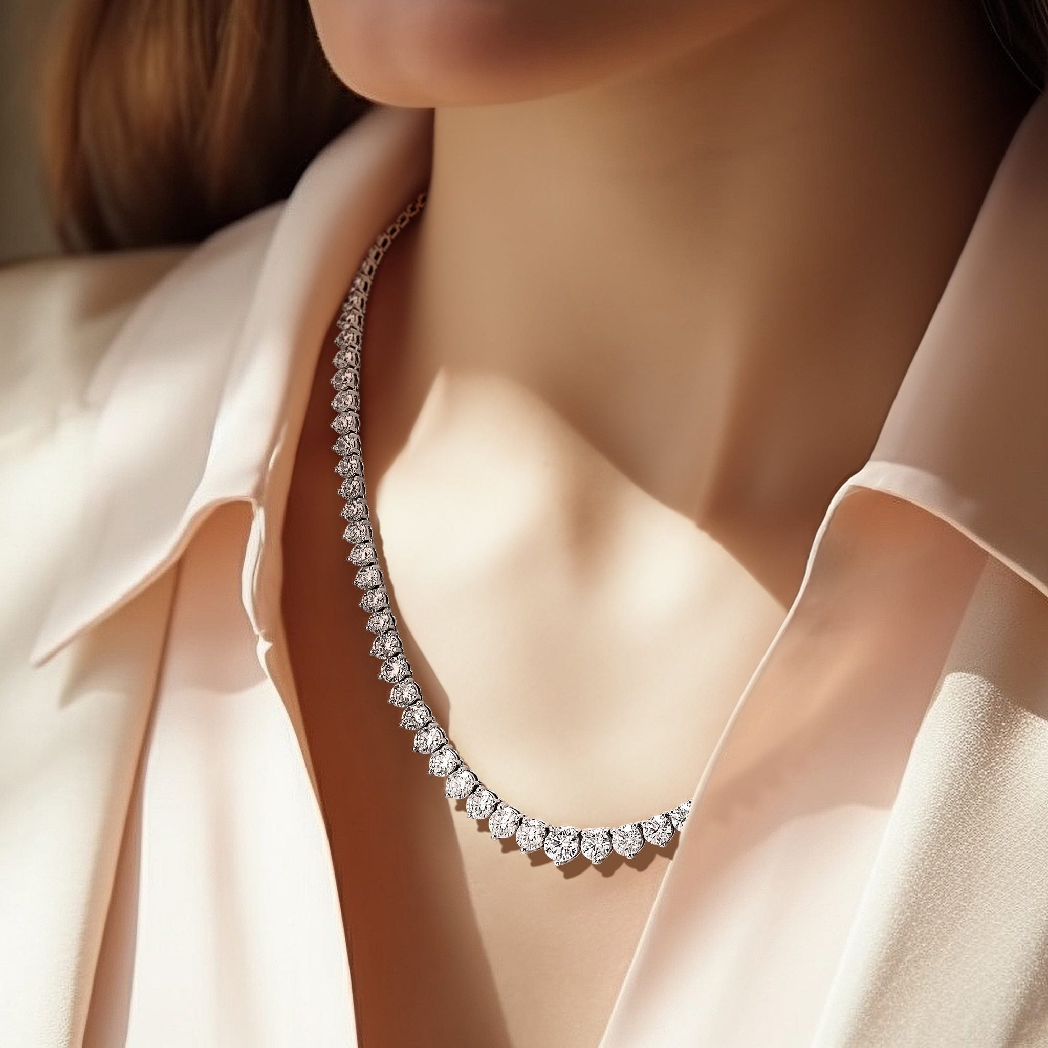 14k White Gold 26 3/4 carat Lab Grown Diamond VS+ F+ Complete Round 18 inch Graduated Tennis Necklace