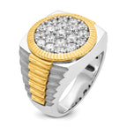 14k Two-tone Men's Polished Satin and Ribbed 2 1/8 Carat AA Quality Diamond Round Cluster Ring