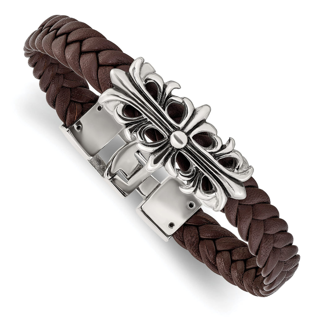Stainless Steel Antiqued and Polished Cross Braided Brown Leather Bracelet for Men