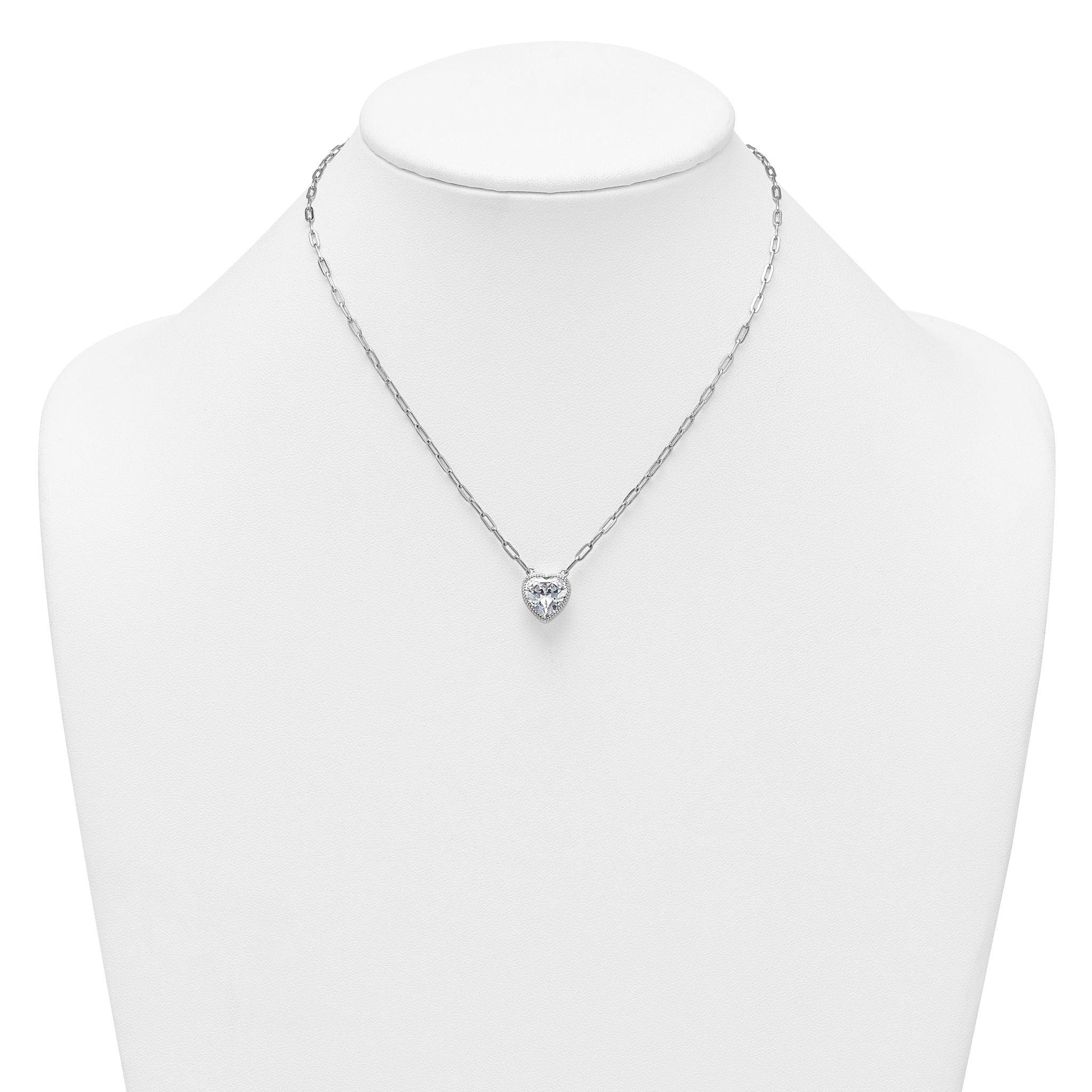Sterling Silver Rhodium-plated Polished Heart CZ with Paperclip Chain 16 inch with 1.75 inch Extension Necklace