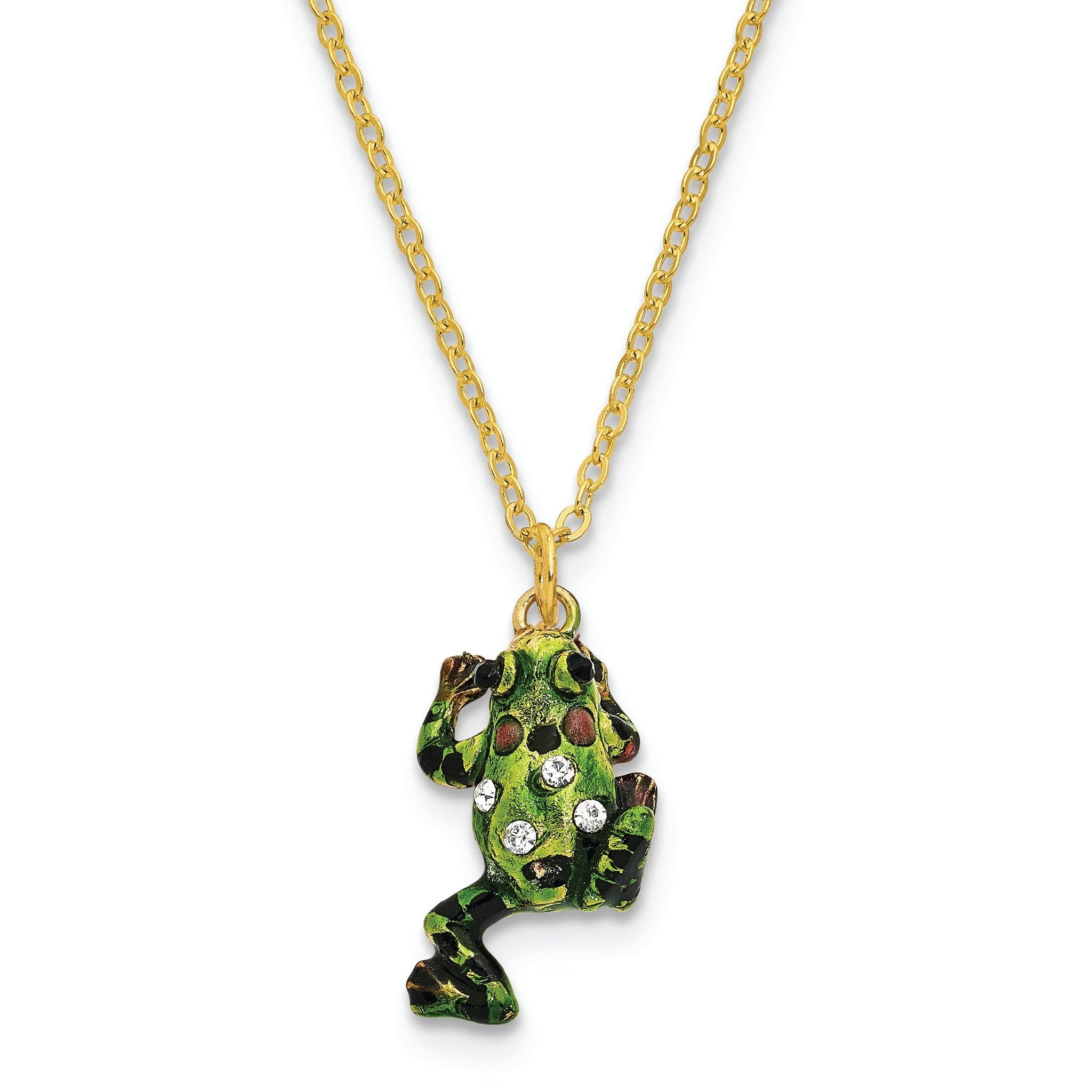 Luxury Giftware by Jere Pewter Bejeweled Crystals Gold-tone Enameled FRANK Red Eyed Frog Trinket Box with Matching 18 Inch Necklace