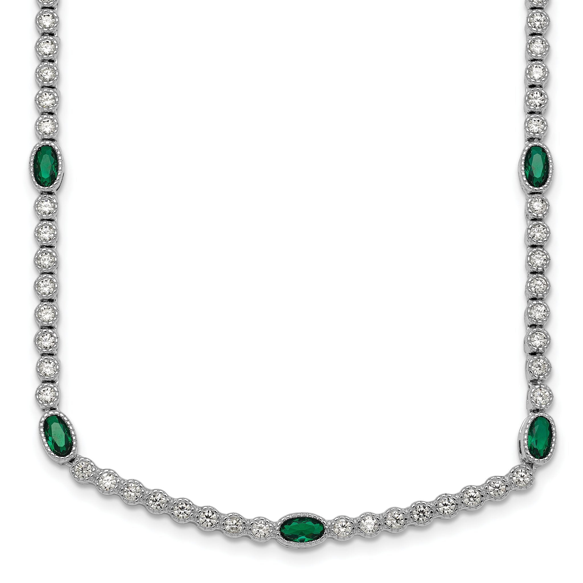 Sterling Silver Rhodium-plated Polished and Beaded Fancy Oval Green and Round White CZ 17 Inch Necklace Main image