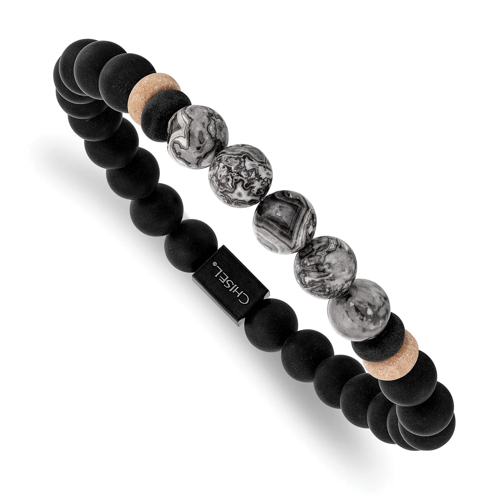 Stainless Steel Brushed Black IP-plated 8mm Black Agate and Grey Jasper Beaded Stretch Bracelet