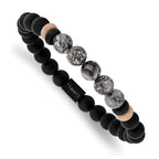 Stainless Steel Brushed Black IP-plated 8mm Black Agate and Grey Jasper Beaded Stretch Bracelet