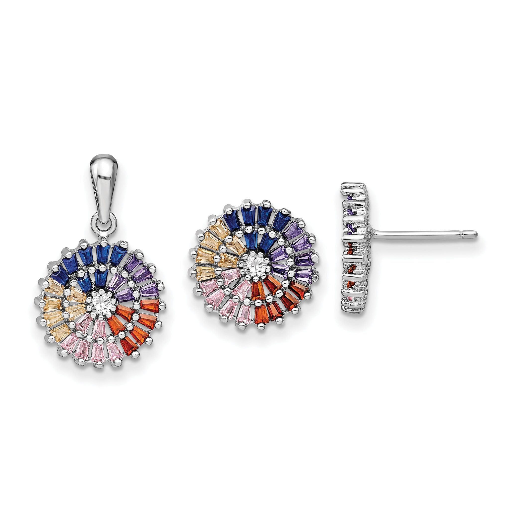 Prizma Sterling Silver Rhodium-plated White and Colorful CZ Post Earring and Pendant Set Main image