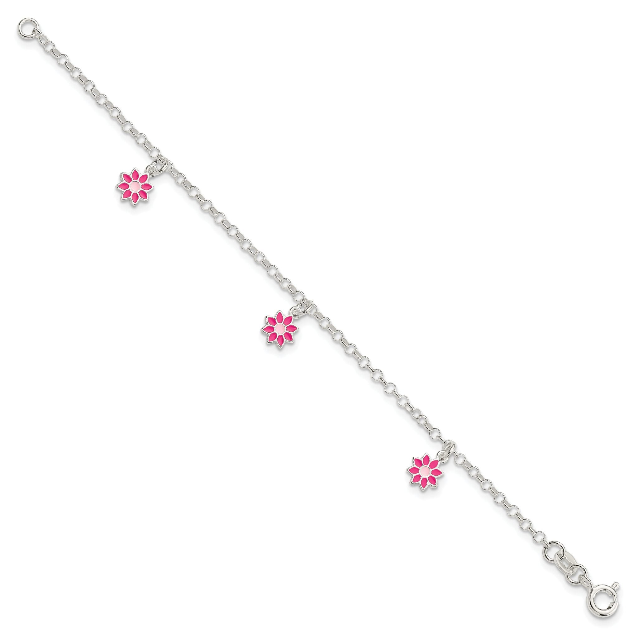 Sterling Silver Polished Pink Enameled Flowers Children's Bracelet Secondary image