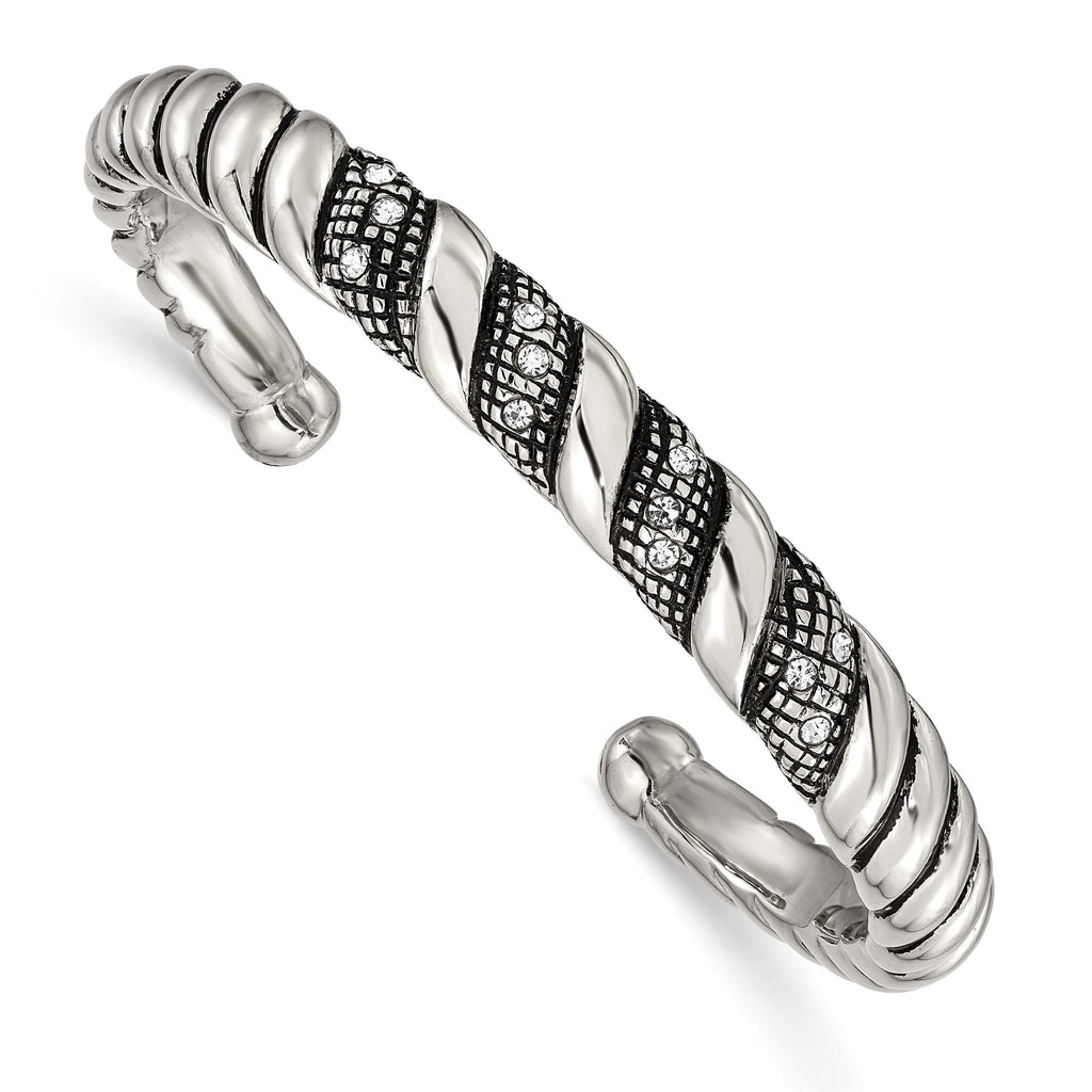 Stainless Steel Polished and Antiqued with Crystal Cuff Bangle Bracelet for Women