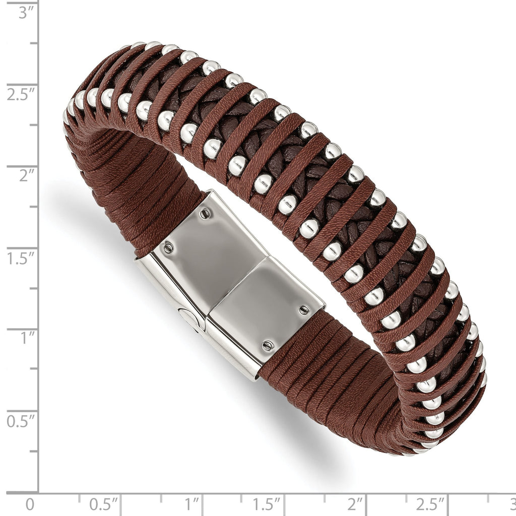 Stainless Steel Polished Beaded Brown Leather Bracelet for Men