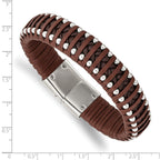 Stainless Steel Polished Beaded Brown Leather Bracelet for Men