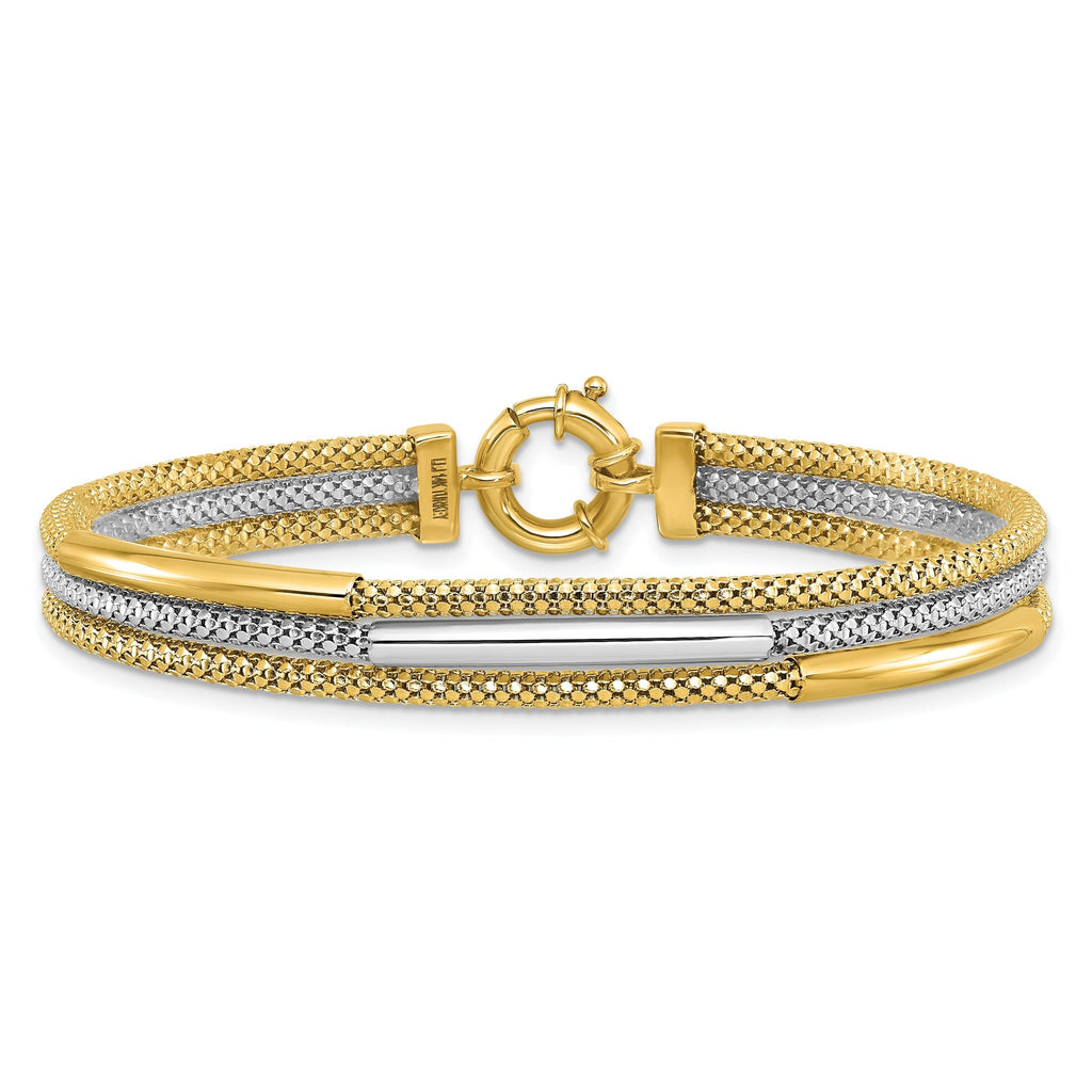 14K w/Rhodium Polished Bars Mesh Multi-strand Bracelet