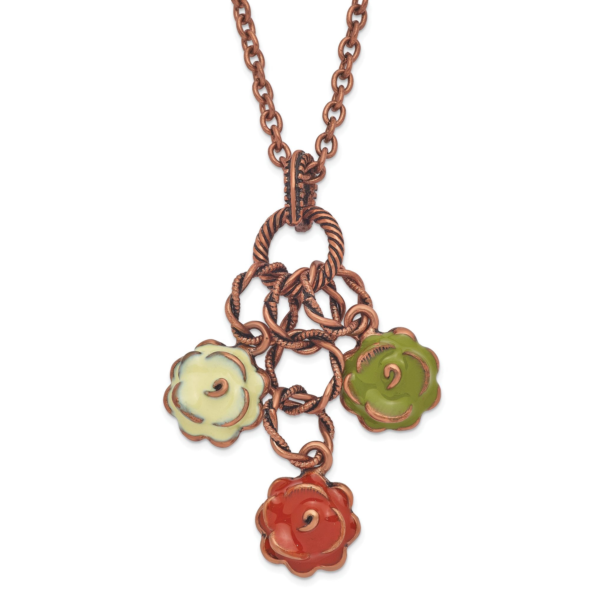 1928 Jewelry Copper-tone Textured Links Green Orange and Light Green Enameled Flower Dangle Adjustable 16 inch Necklace with 3 inch extension Main image