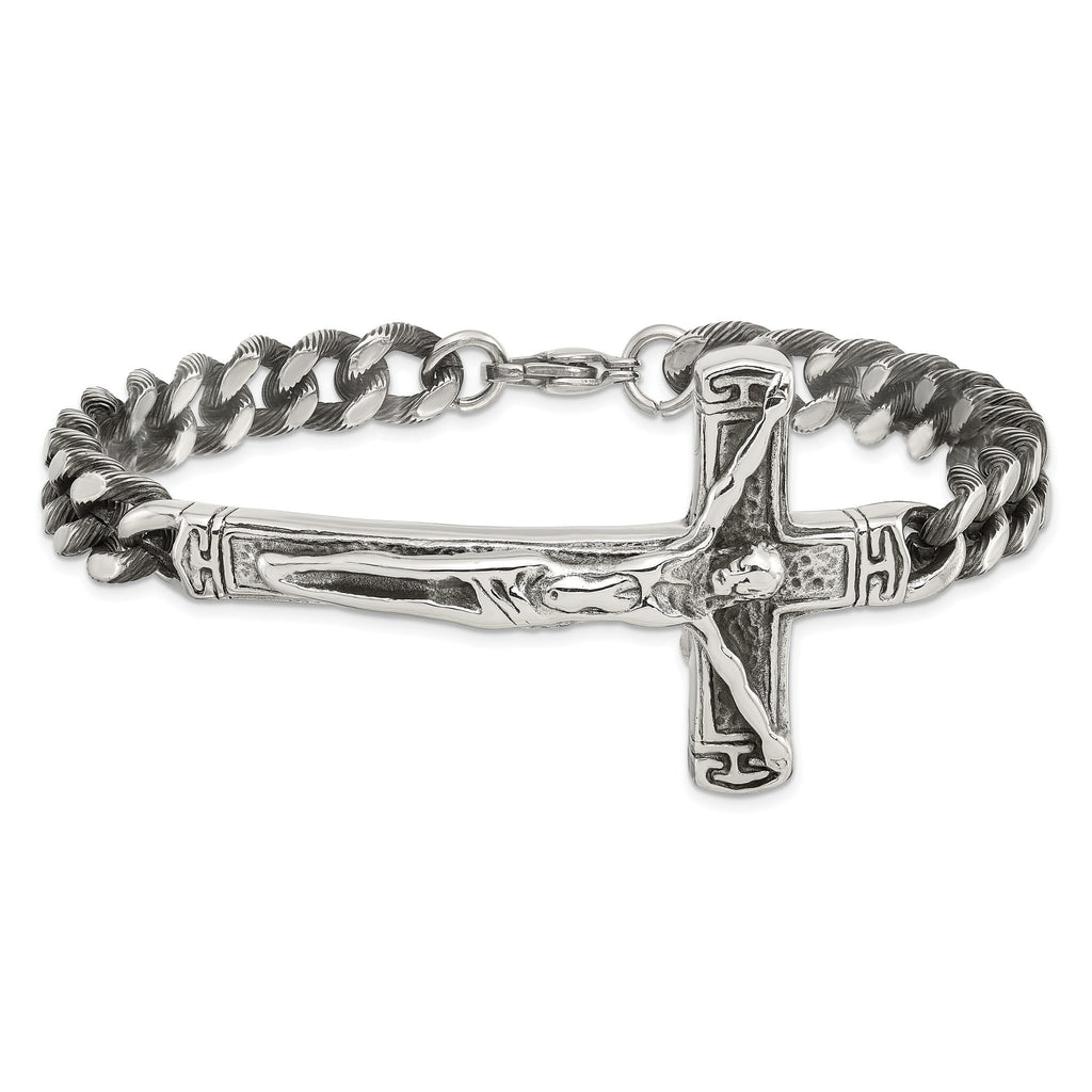 Stainless Steel Antiqued and Polished Crucifix Bracelet for Men