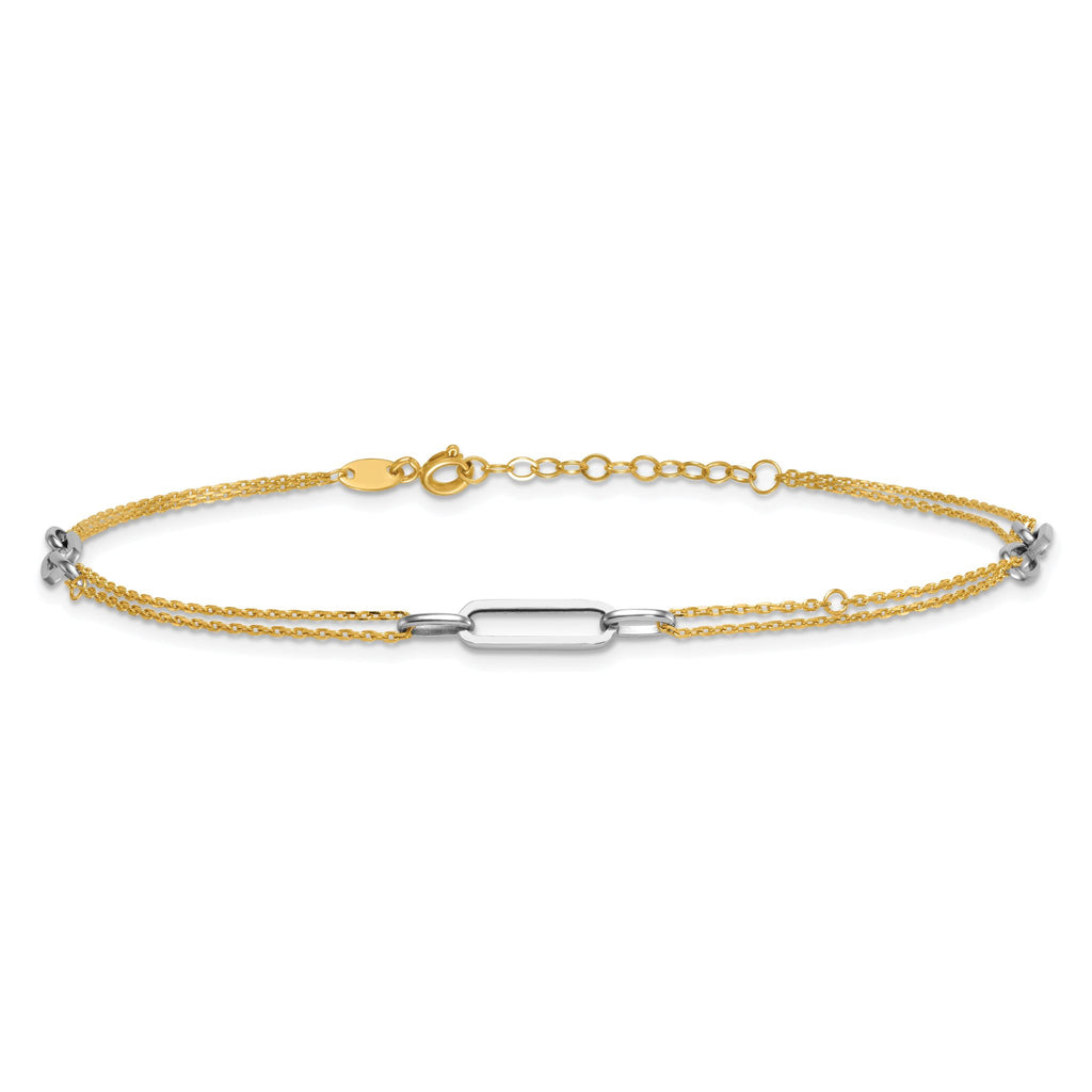 14K Two-tone Polished Diamond-cut 3-Station 9 inch Plus 1 inch Extender - Total 10 inch Anklet