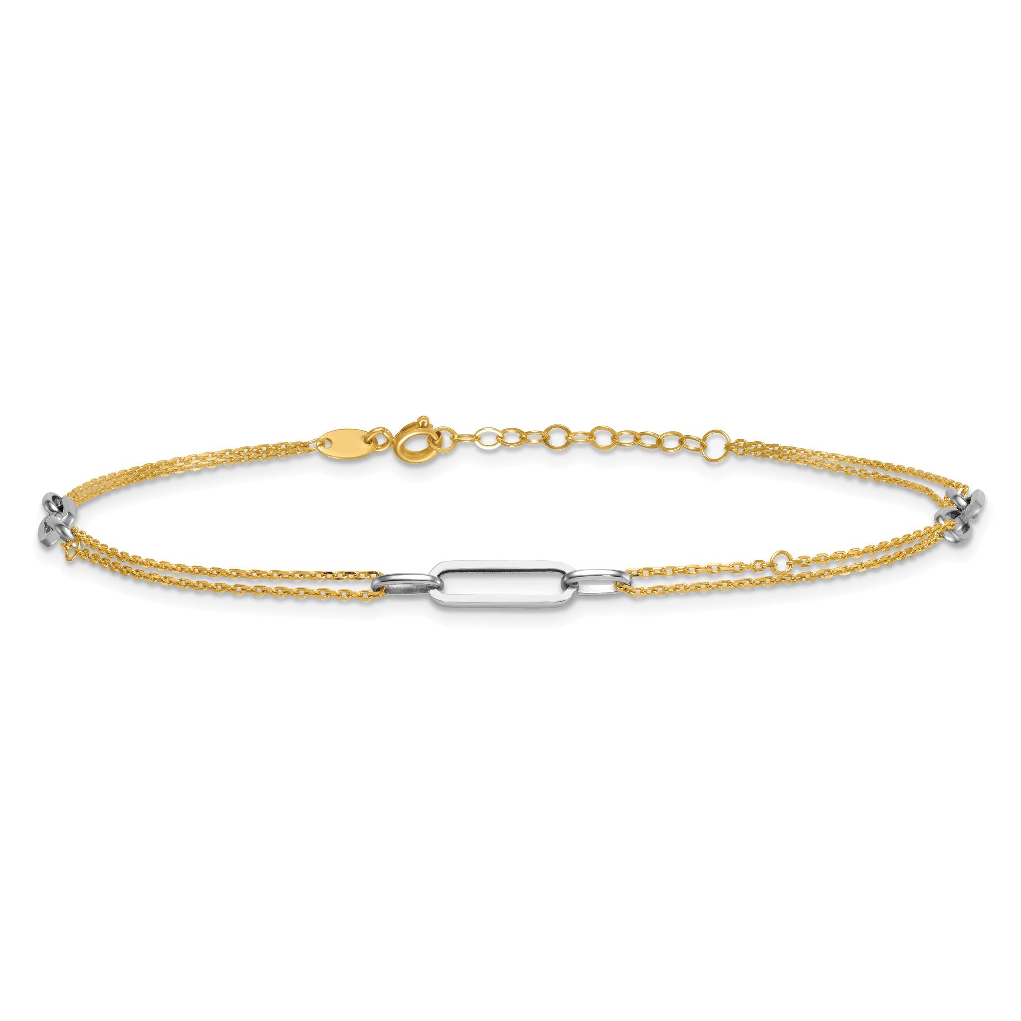 14K Two-tone Polished Diamond-cut 3-Station 9 inch Plus 1 inch Extender - Total 10 inch Anklet