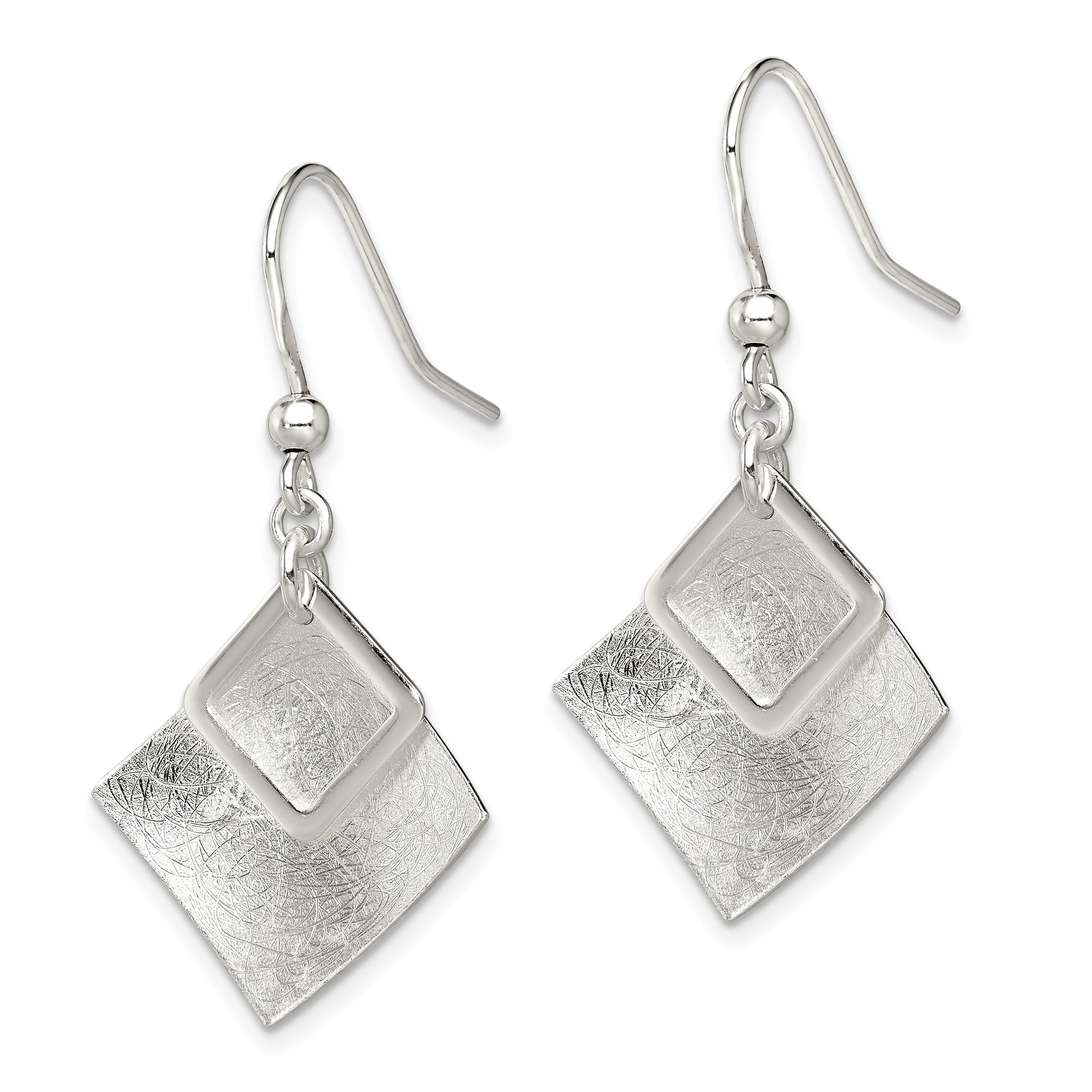 Sterling Silver Polished & Textured Double Diamond Shape Dangle Earrings Secondary image