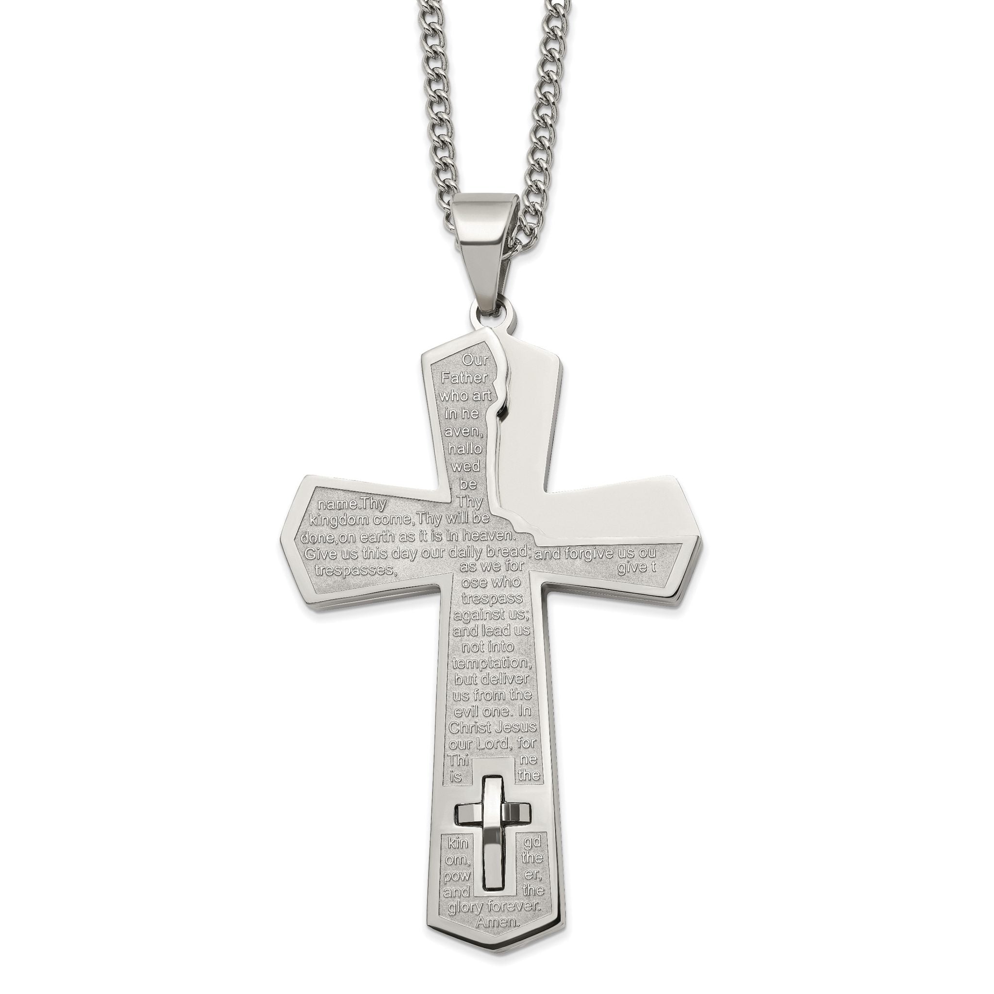 Chisel Stainless Steel Polished Lord's Prayer Cross Pendant on a 24 inch Curb Chain Necklace Main image