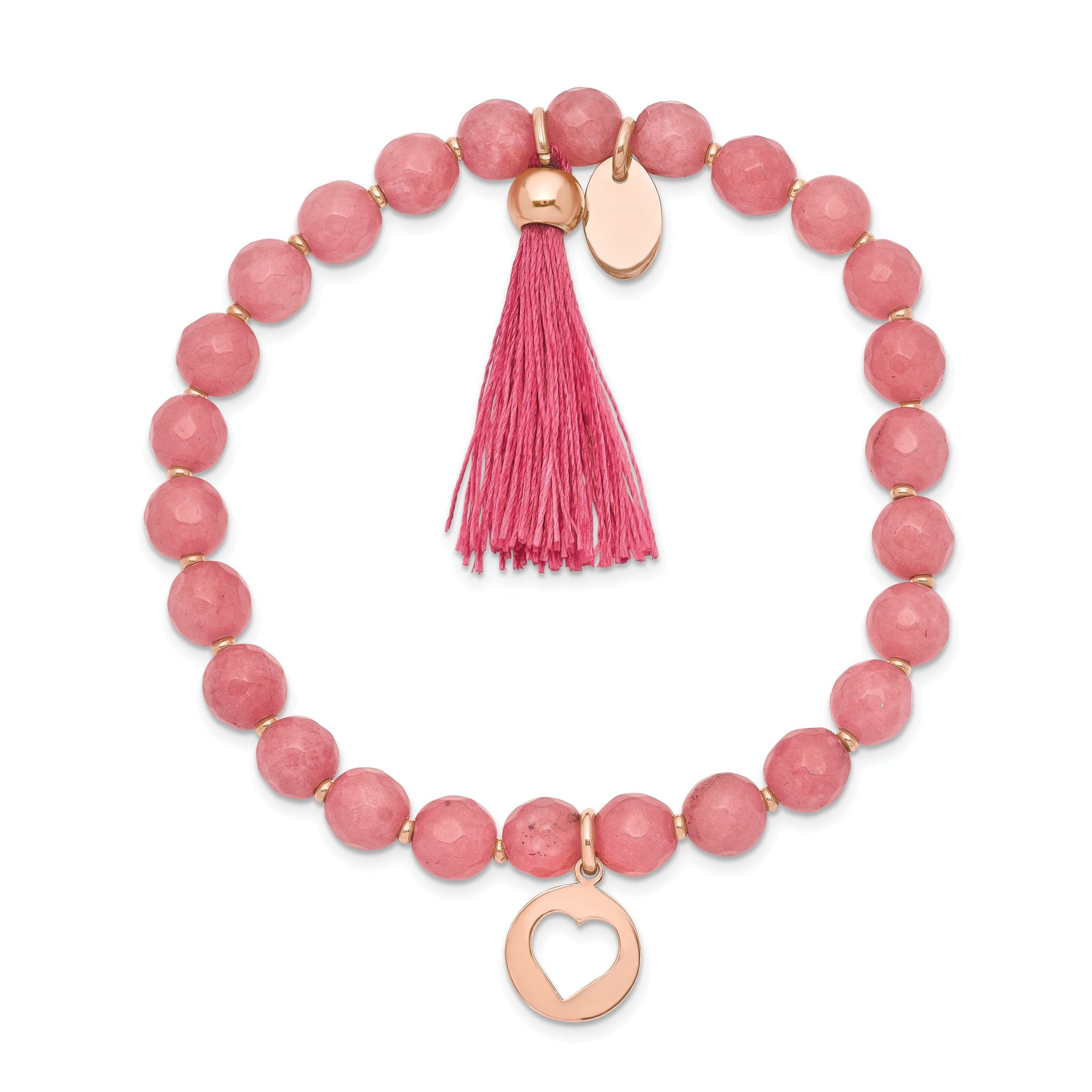 Stainless Steel Polished Rose IP-plated Heart 6mm Pink Jade Beaded Stretch Bracelet with Tassel for Women Secondary image