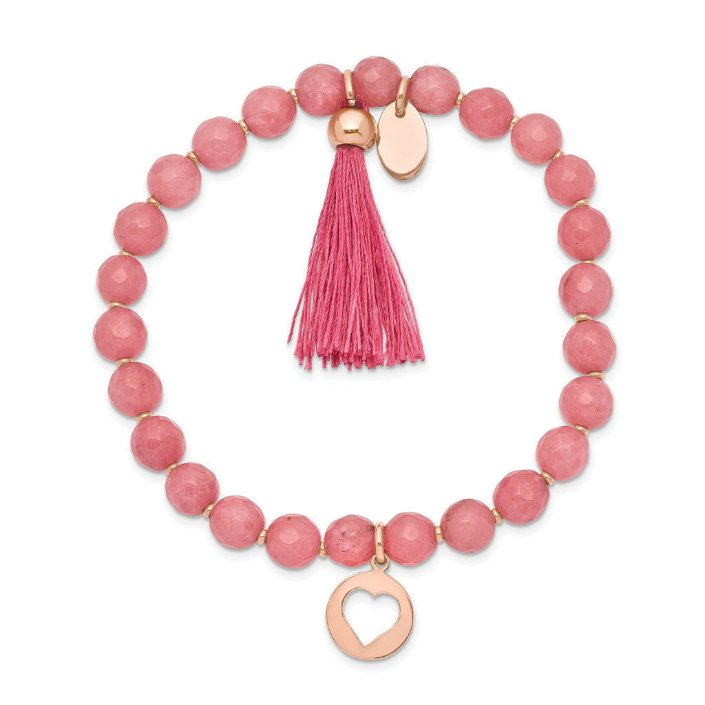 Stainless Steel Polished Rose IP-plated Heart 6mm Pink Jade Beaded Stretch Bracelet with Tassel for Women