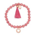 Stainless Steel Polished Rose IP-plated Heart 6mm Pink Jade Beaded Stretch Bracelet with Tassel for Women