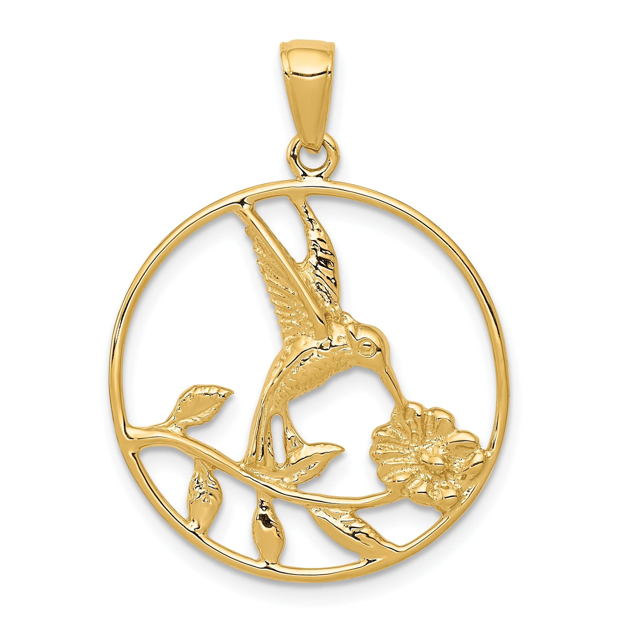 14K Gold Hummingbird Pendant in Polished Round Frame, Elegant and Solid Design