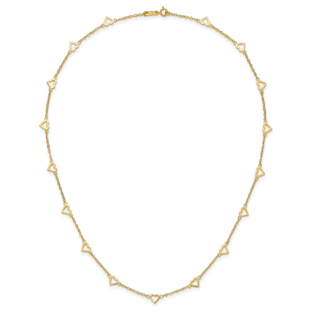 14K Gold Heart Link Necklace with Polished Open Hearts and 17-Station Design