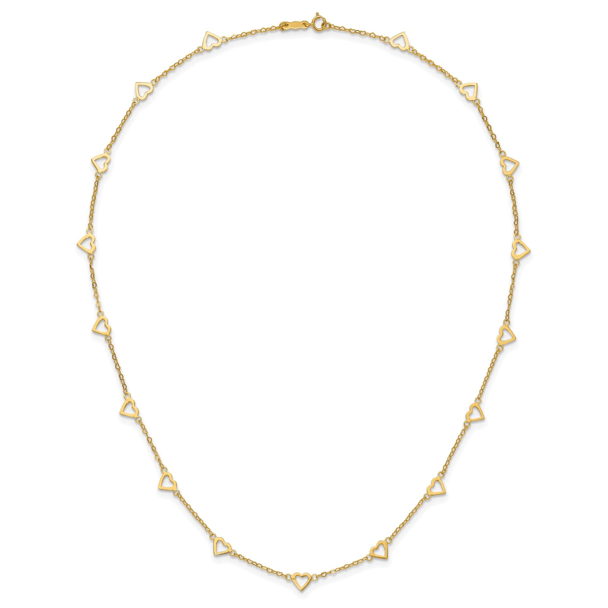 14K Gold Heart Link Necklace with Polished Open Hearts and 17-Station Design