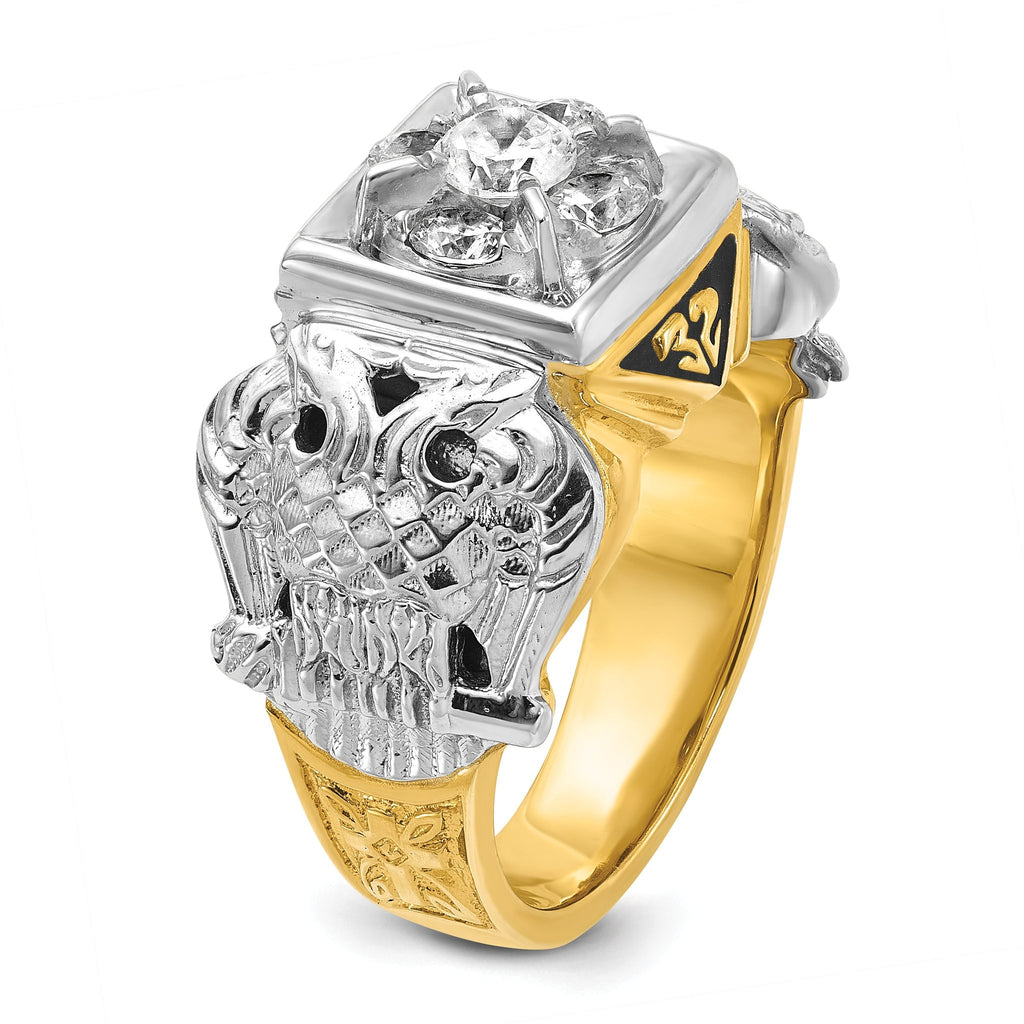 14k Two-tone Men's Polished and Textured with Black Enamel and Diamond Double Eagle Masonic Shriner's Ring