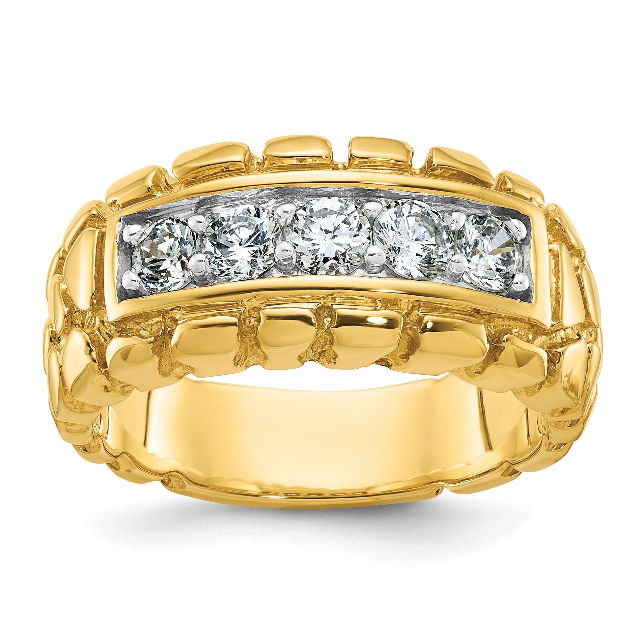 14k Mens 1 carat Diamond 5-Stone Nugget Complete Ring