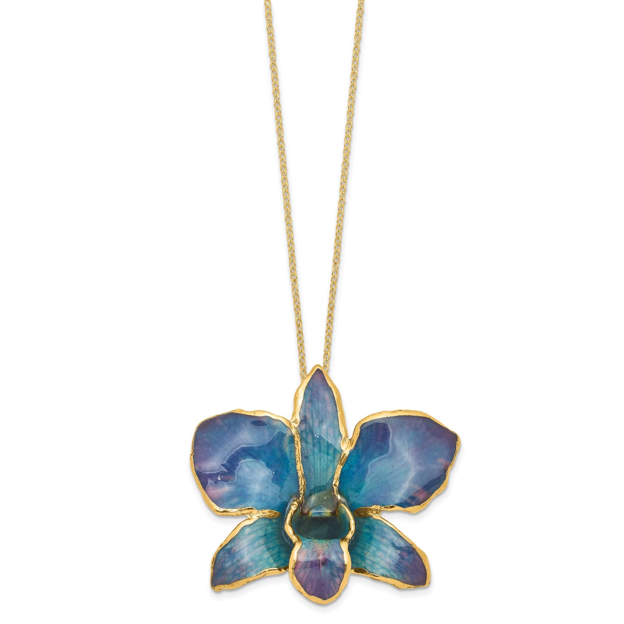 24K Gold-trim Lacquer Dipped Blue and Purple Real Dendrobium Orchid 20 inch Gold-tone Necklace Secondary image