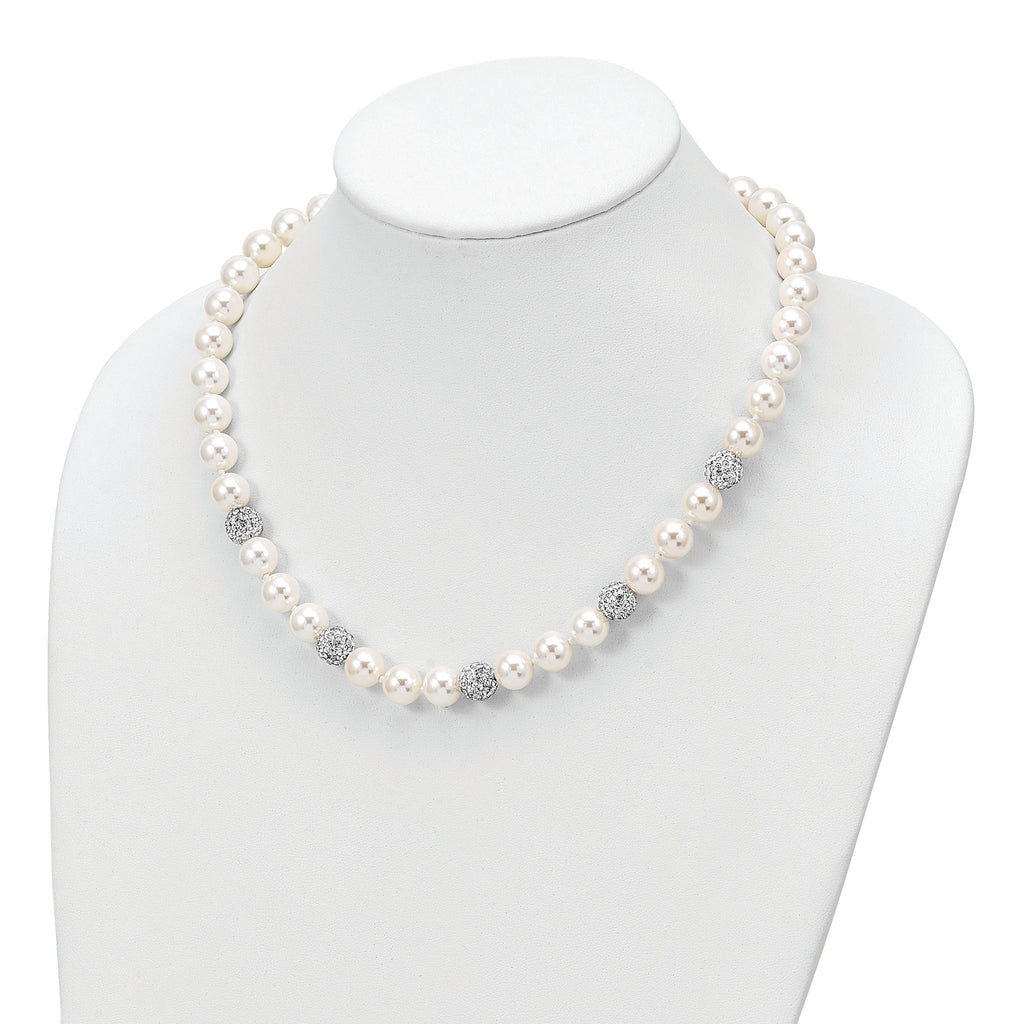 Majestik Sterling Silver Hand-Knotted Shell Pearl Crystal Necklace 20