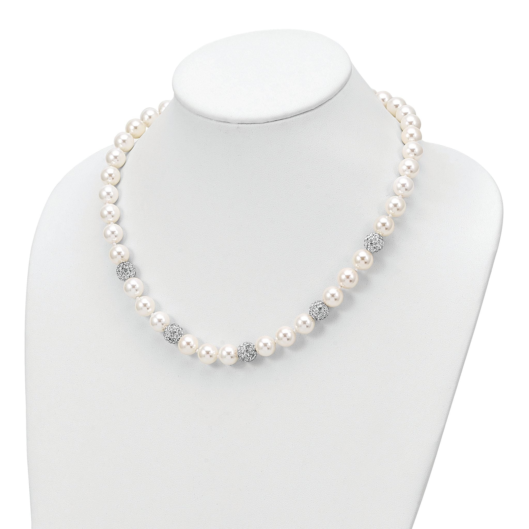 Majestik Sterling Silver Hand-Knotted Shell Pearl Crystal Necklace 20