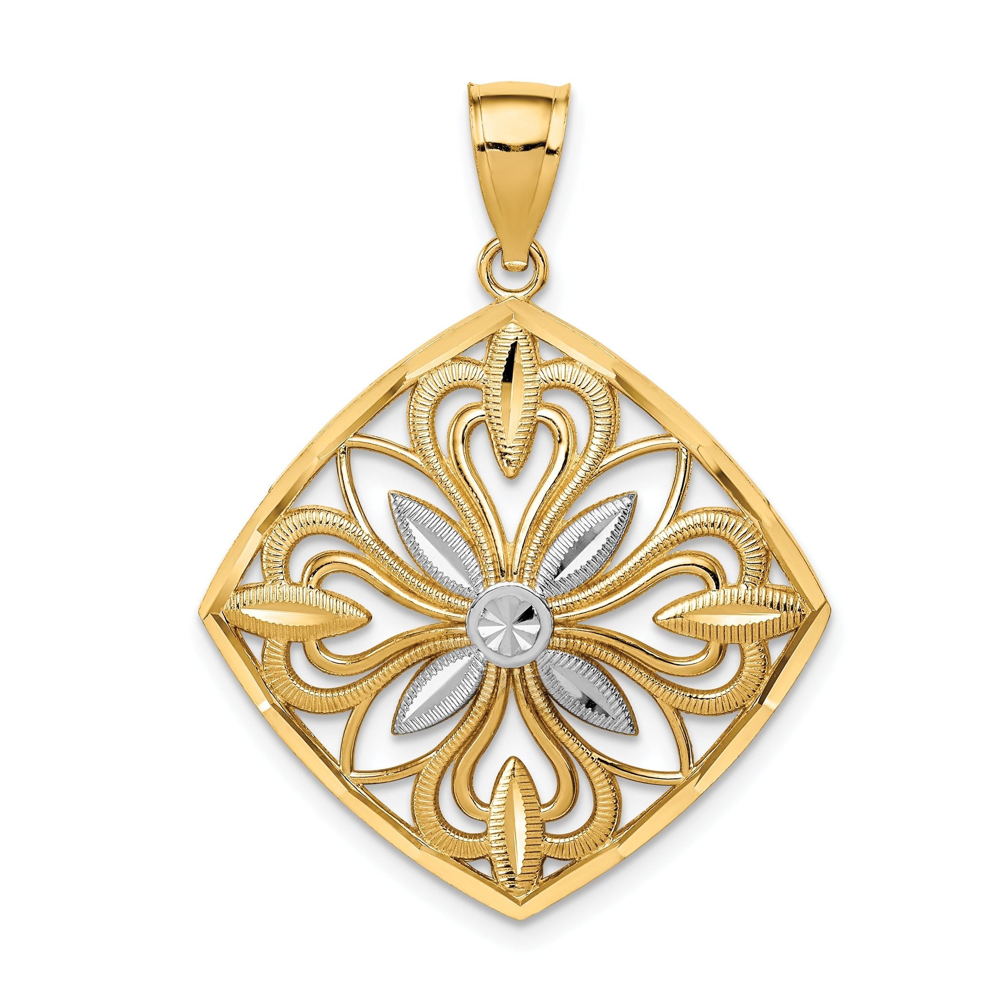 14K Gold Rhodium-Accented Fancy Square Charm with Diamond-Cut Design Main image